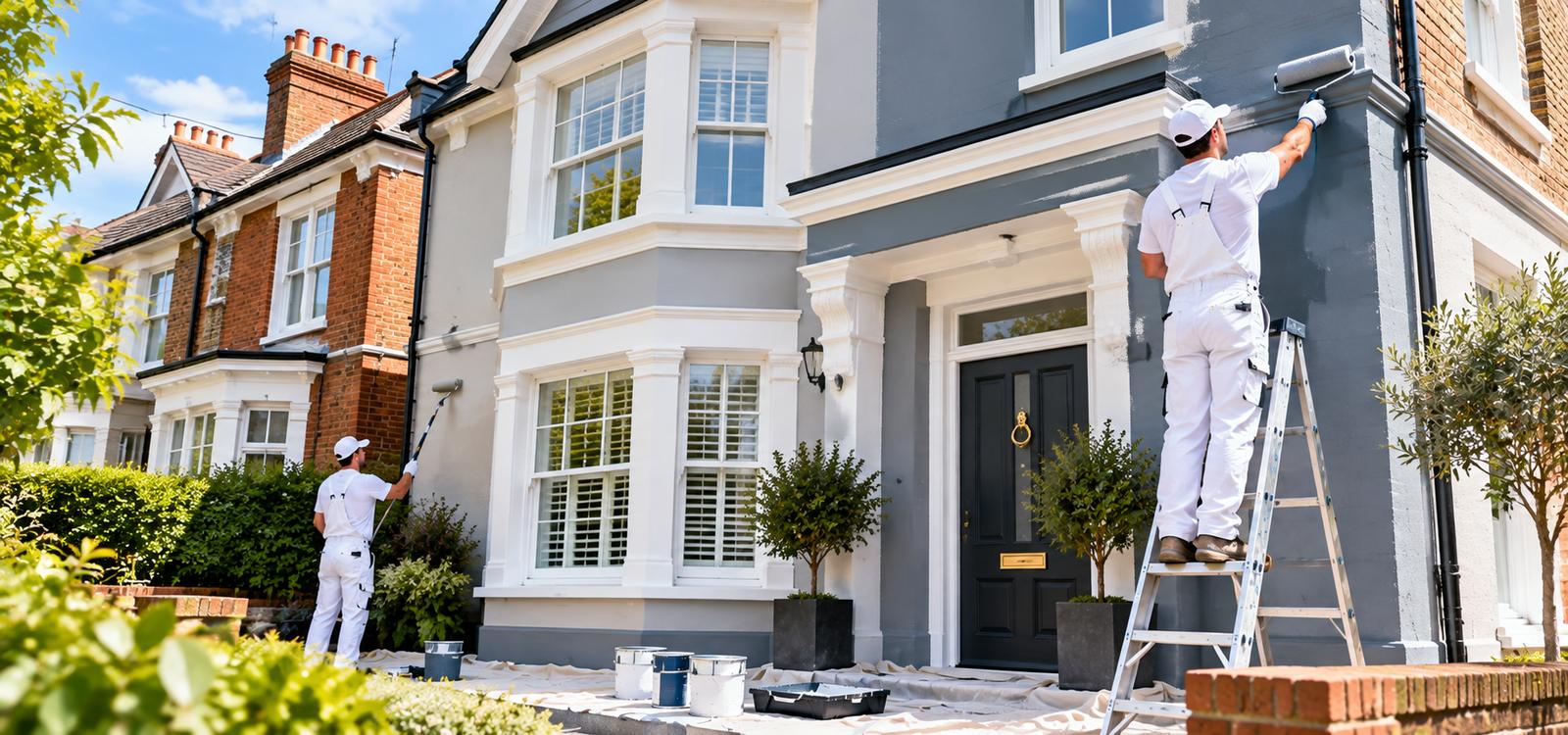 Two decorators painting the front of a period house grey and white, exterior painting in Whitley Bay